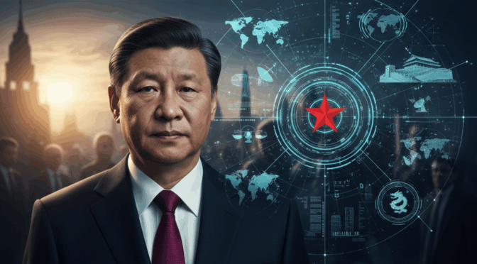 Xi Jinping portrait with China's digital influence. Centralized power concept.