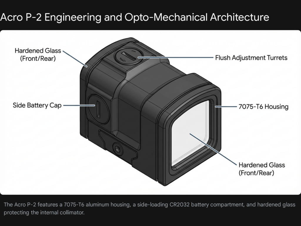 Acro P-2 engineering diagram showing hardened glass, 7075-T6 housing, flush adjustment turrets, and side battery cap.