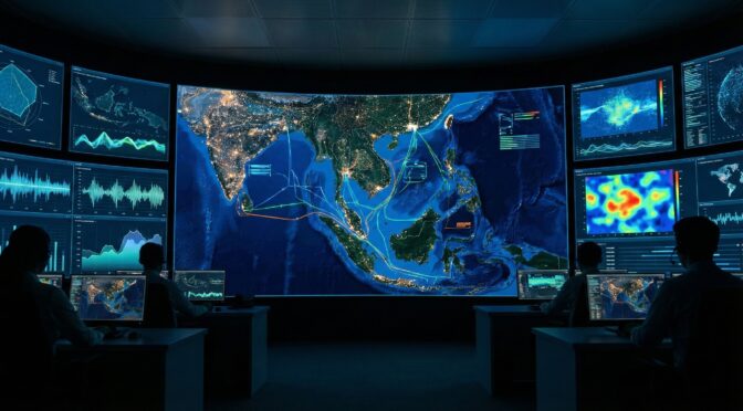 Southeast Asia monitoring room with large map display and analysts at computers.