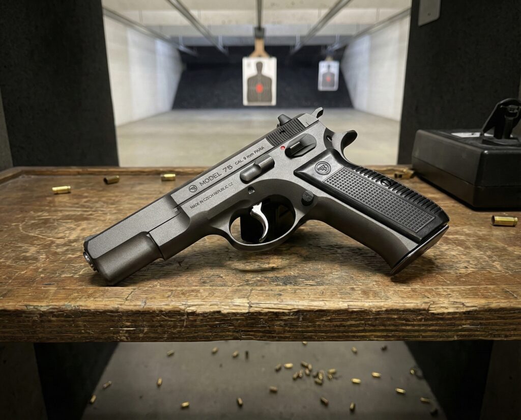 CZ 75 single action pistol at shooting range