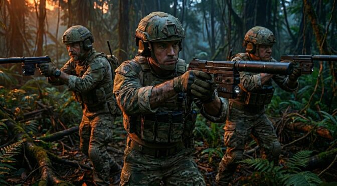 Three soldiers in jungle camouflage aiming HK Mark 23 pistols, part of the Offensive Handgun Weapon System (OHWS).
