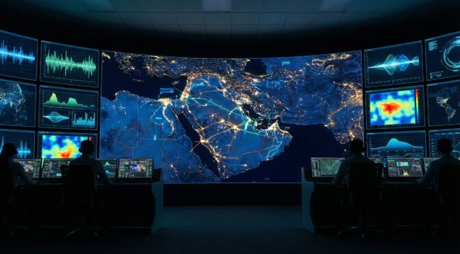 SITREP Middle East control room with large map display and analysts monitoring data.