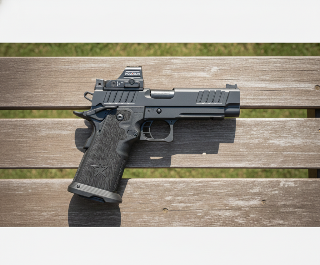 Black single action pistol with Holosun optic on a wooden bench.