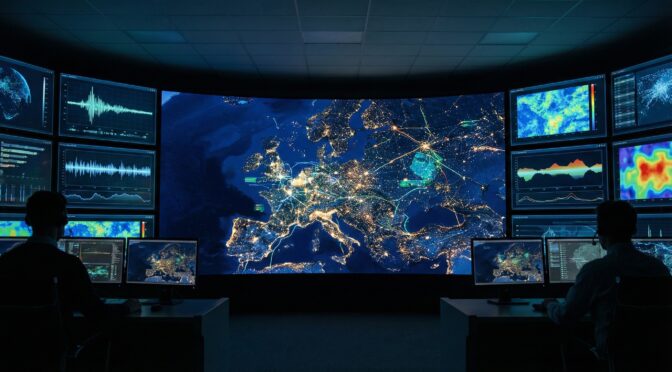 Control room with a large map of Europe displaying city lights and data, analysts at consoles.