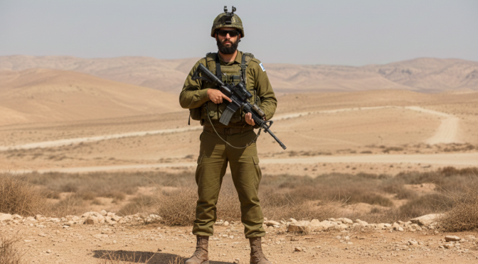 IDF soldier in desert terrain holding modernized next-gen small arm.