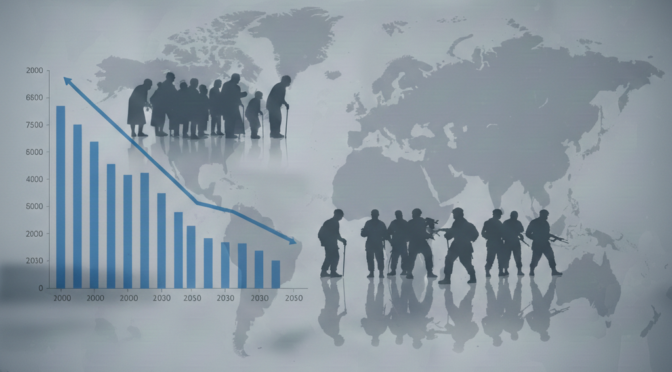 Demographic shift: Aging population versus military personnel. Graph showing population decline.