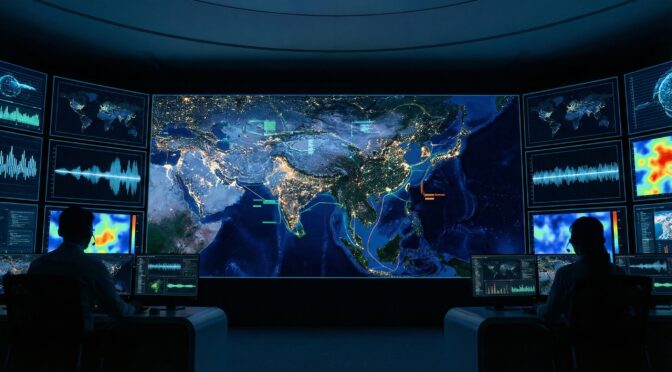 Asia SITREP: Control room monitoring map of Asia with operators at consoles.
