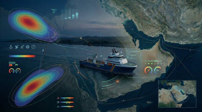 Maritime vessel in CENTCOM region with overlaid data visualizations; relevant to USSOCOM strategy.