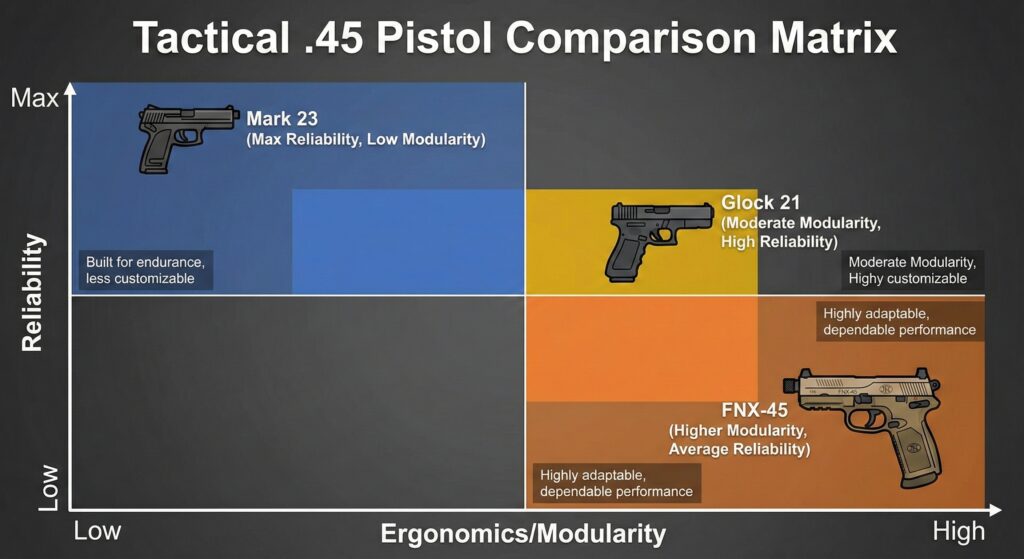 Tactical .45 pistol comparison matrix: Mark 23, Glock 21, FNX-45. Reliability vs. ergonomics/modularity.