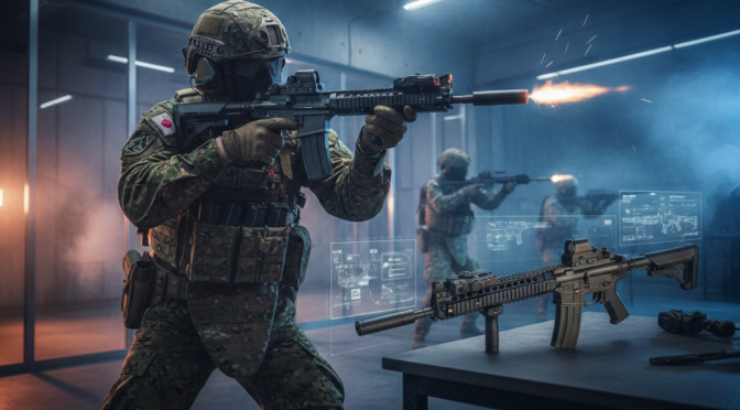 Japanese soldier firing an assault rifle during small arms modernization training.