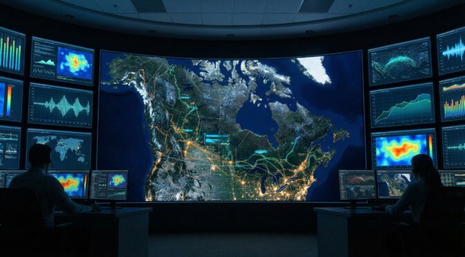 Control room with a large map of Canada and data visualizations. SITREP Canada monitoring.