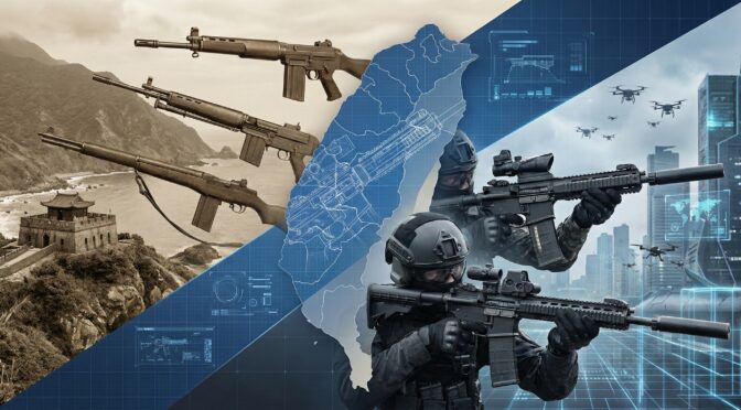 Taiwanese small arms evolution: Rifles, soldiers, and drones against a backdrop of Taiwan and modern cityscapes.