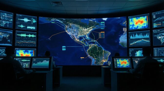 Control room monitoring network activity across the Americas, heatmaps, and data visualizations.