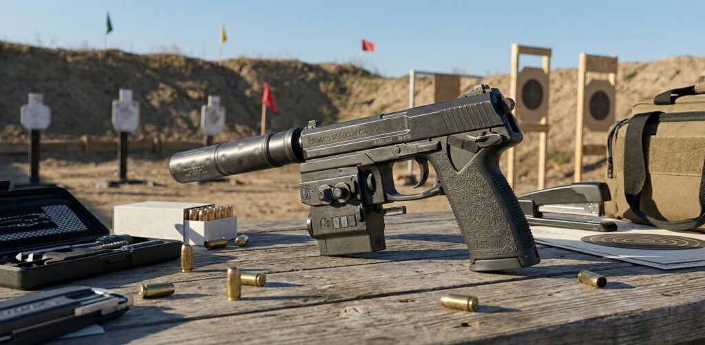 Heckler &amp; Koch Mark 23 pistol, an Offensive Handgun Weapon System (OHWS), with suppressor and laser aiming module at a shooting range.