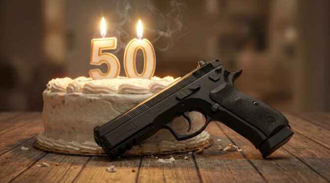 CZ 75 SP-01 Tactical pistol next to a birthday cake with "50" candles, referencing the CZ 75 series' history.