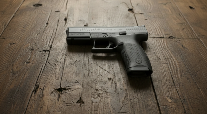 CZ P-10 C pistol on a rustic wooden surface. Details of the striker-fired firearm are visible.