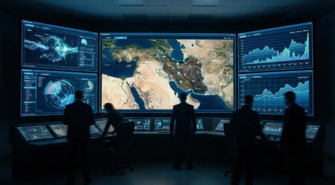 SITREP Iran: Control room with analysts monitoring maps and data displays.