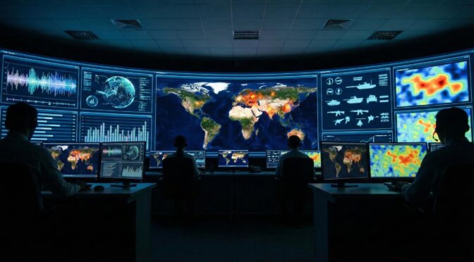 Global conflicts SITREP: Control room with world map and data displays.