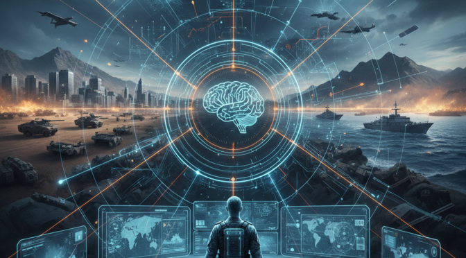 Kill Web concept: Soldier monitors multi-domain warfare via AI, tanks, ships, aircraft, and data streams.