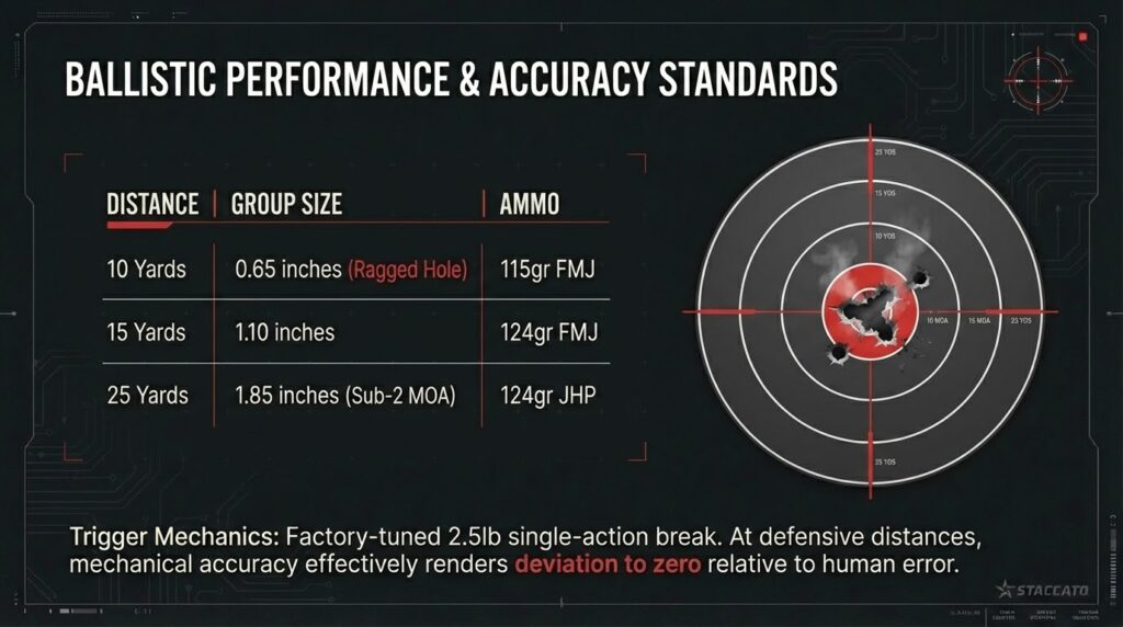 Staccato XC ballistic performance: 10 yards, 0.65in group; 15 yards, 1.10in; 25 yards, 1.85in.