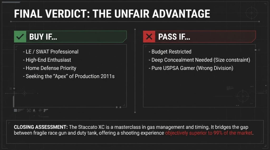 Staccato XC review verdict: Buy if LE/SWAT, enthusiast, or for home defense. Pass if budget restricted or for deep concealment.