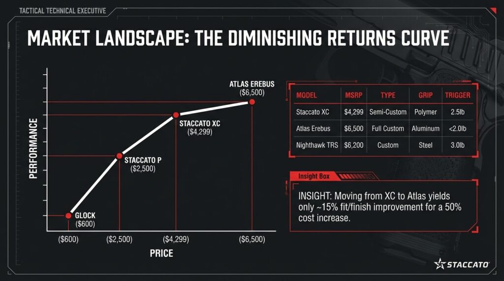 Staccato diminishing returns curve comparing Glock, Staccato P &amp; XC, and Atlas Erebus pistols. Shows performance vs. price.