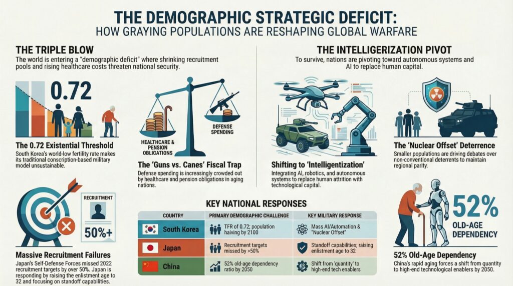 Demographic deficit reshaping warfare: aging populations, recruitment issues, AI automation, nuclear offset, dependency.