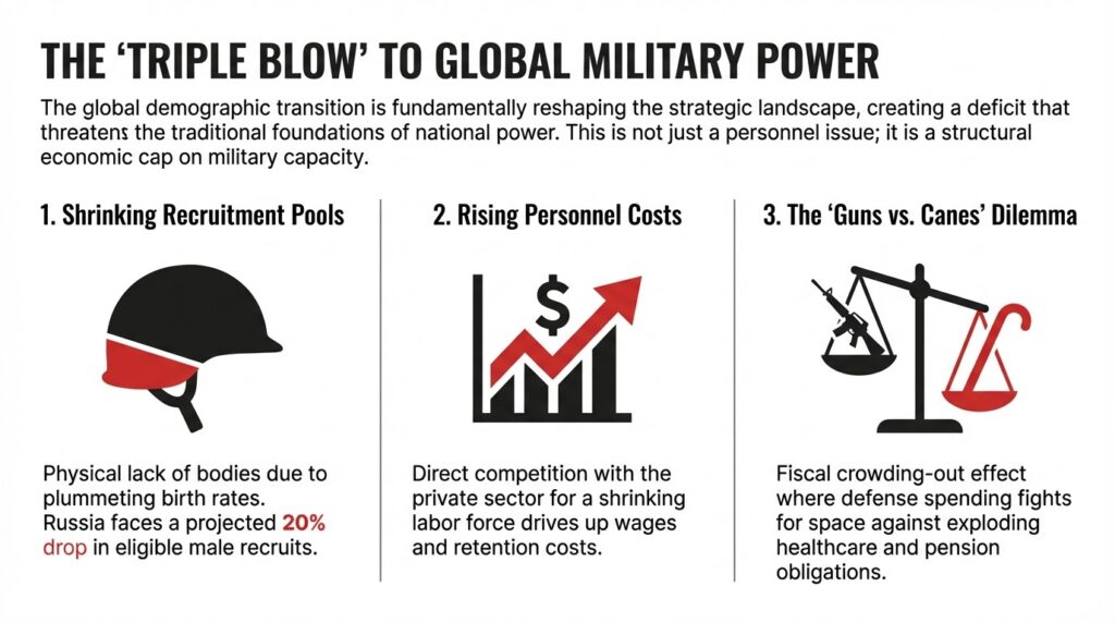 The 'Triple Blow' to global military power: shrinking recruitment, rising costs, and guns vs. canes dilemma.
