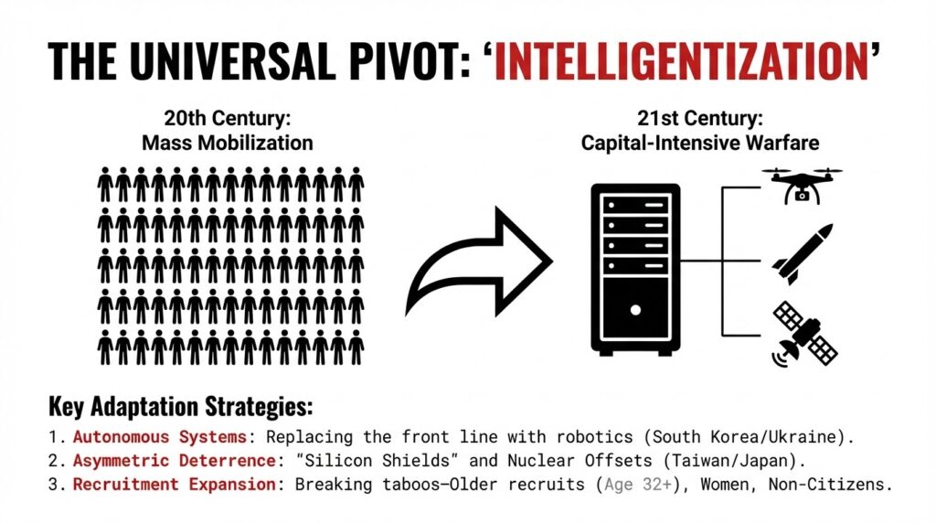 Military staffing levels: "Intelligentization" pivot from mass mobilization to capital-intensive warfare with autonomous systems.