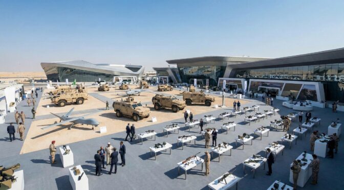WDS 2026 defense expo in Riyadh, featuring armored vehicles, drones, and small arms displays.
