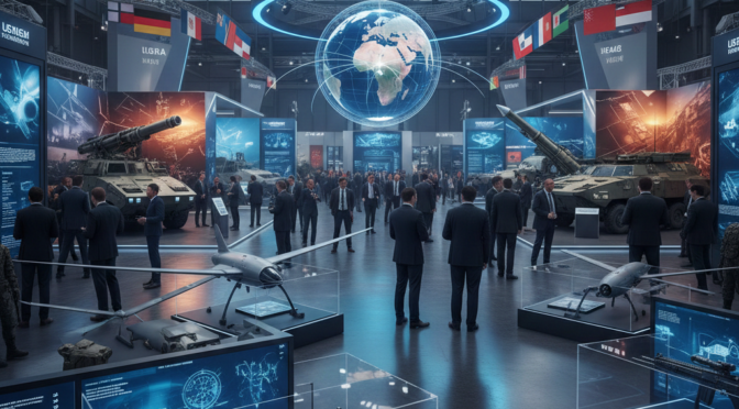 Global defense trade exhibition hall with tanks, drones, and small arms displays.