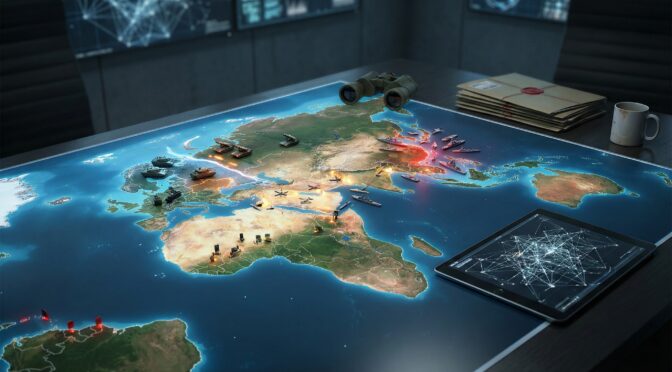 Global conflicts map, tanks, ships, planes, and a tablet display network connections.