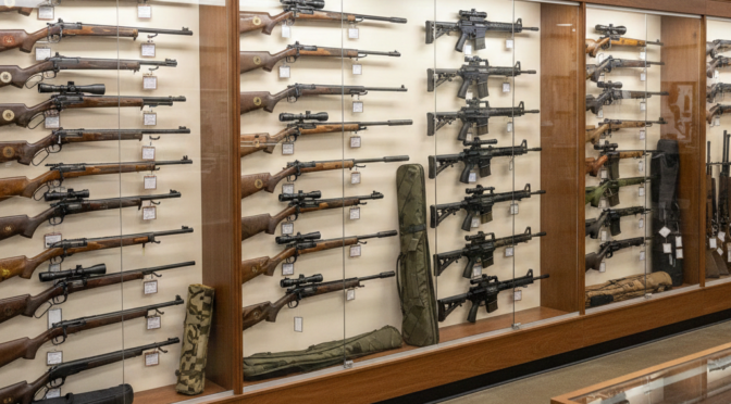 Gun store display case filled with rifles, including AR-15s and hunting rifles.