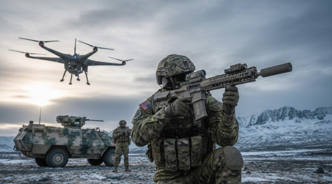 Soldier with rifle, drone, and armored vehicle. Modernizing Canadian military tech.