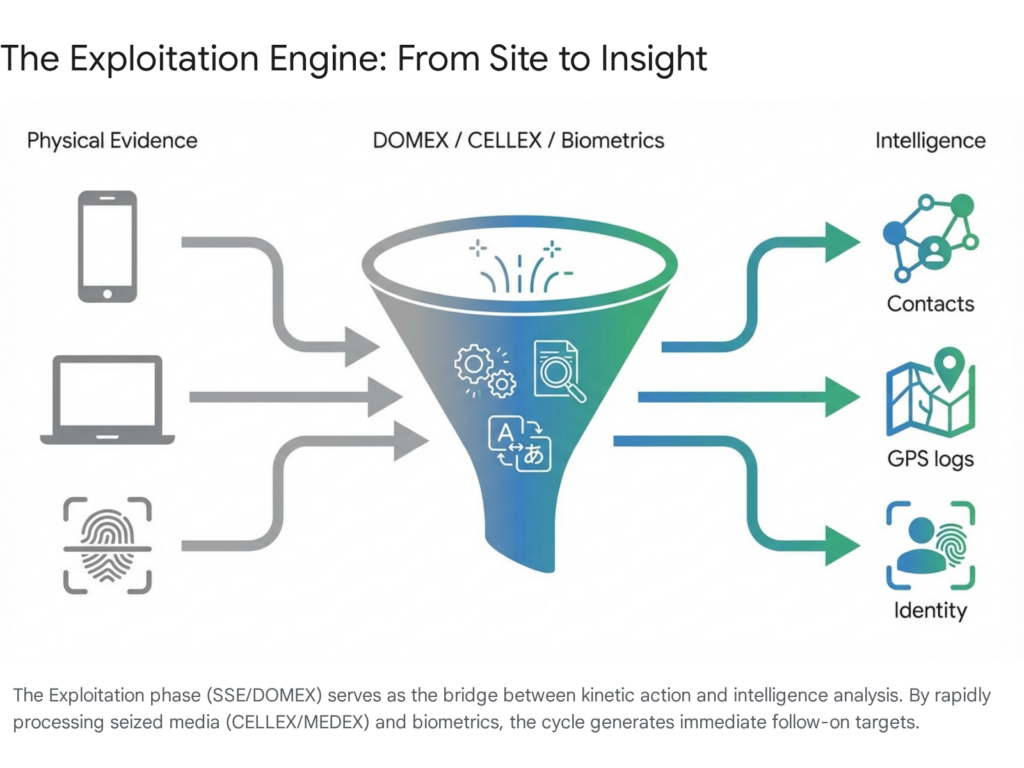 The F3EAD targeting cycle: physical evidence (phone, laptop, fingerprint) to intelligence (contacts, GPS logs, identity).
