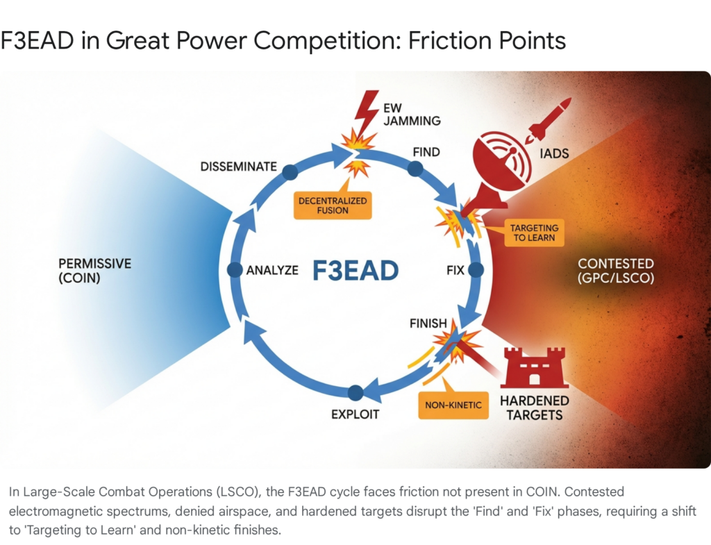 F3EAD targeting cycle diagram showing friction points in great power competition, including EW jamming and hardened targets.