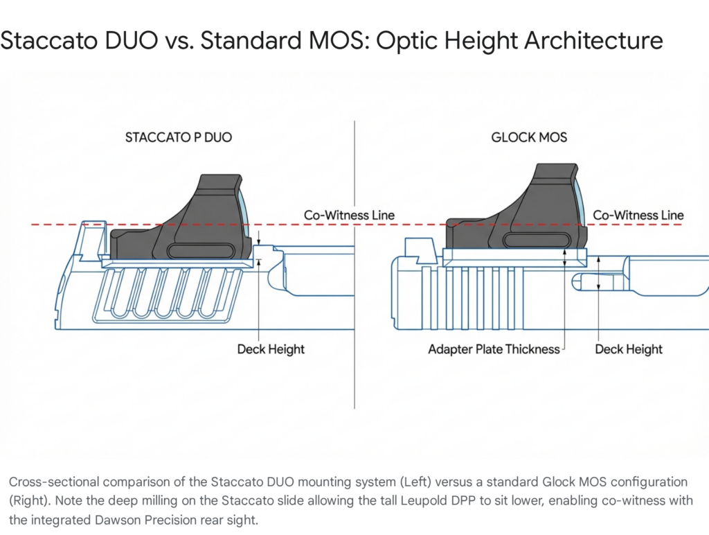 Staccato DUO vs Glock MOS optic mount comparison showing co-witness line and deck height.