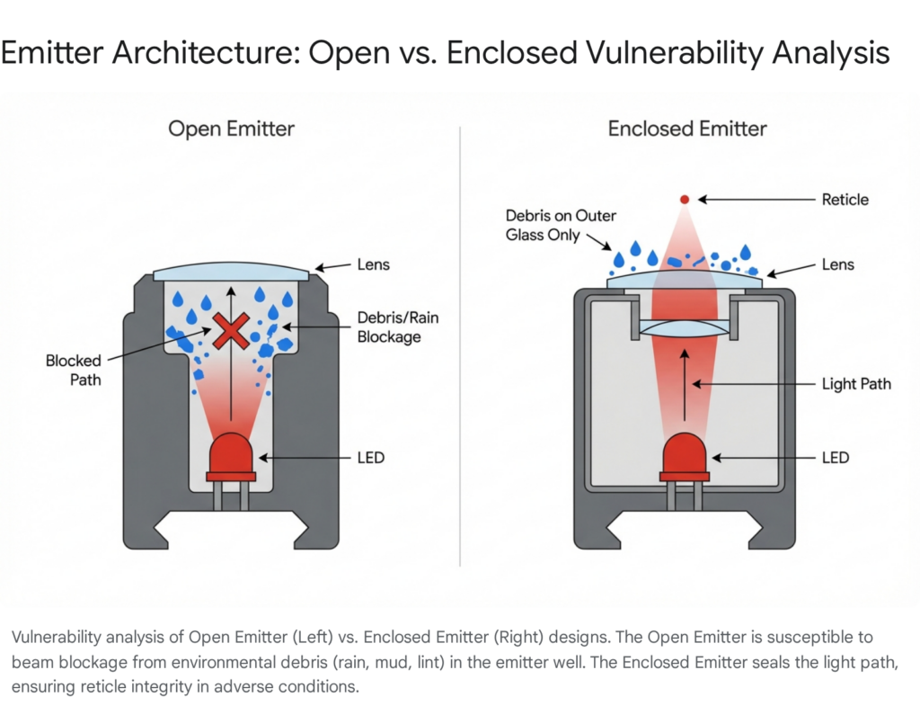 Open vs Enclosed Emitter vulnerability analysis showing how enclosed designs protect the reticle in MRDS optics from debris blockage.