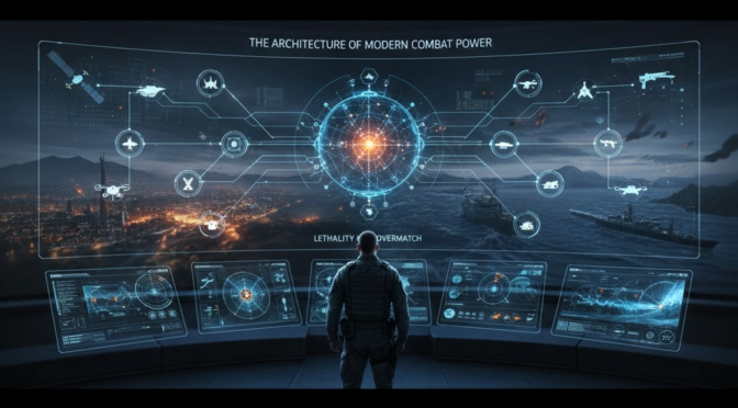 Modern combat power architecture: A soldier views a screen displaying military technology and data.