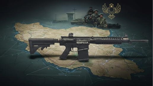 Iranian Fateh rifle over map of Iran, soldiers in background. Iran small arms modernization.
