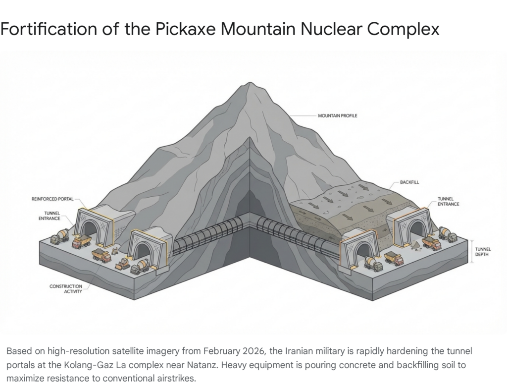 Cutaway diagram of Pickaxe Mountain Nuclear Complex fortification, showing tunnel entrances and construction activity.