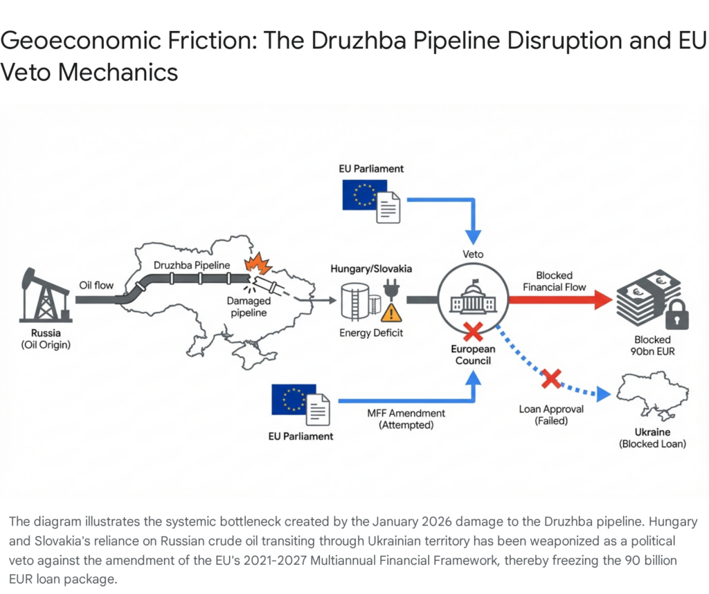 Druzhba pipeline disruption diagram showing blocked EU financial flow to Ukraine due to vetoes. "Geoeconomic Friction" text.
