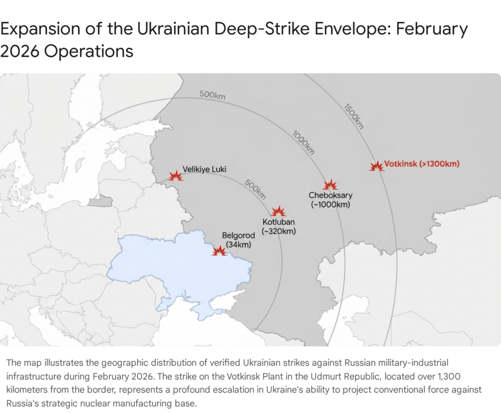 Ukrainian deep strike envelope expansion, February 2026. Targets include Votkinsk (>1300km). SITREP Russia-Ukraine.