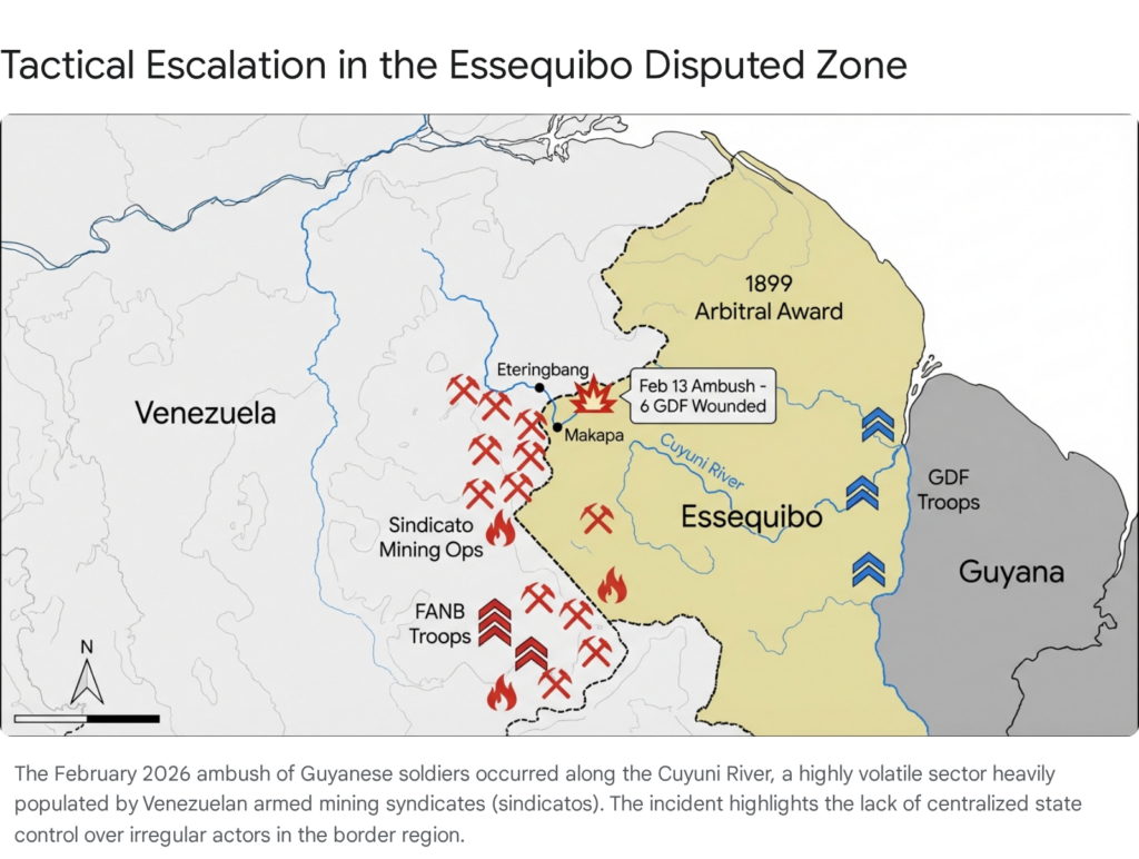 Essequibo Disputed Zone map showing tactical escalation, Feb 13 ambush, GDF &amp; FANB troops, and Sindicato mining operations.