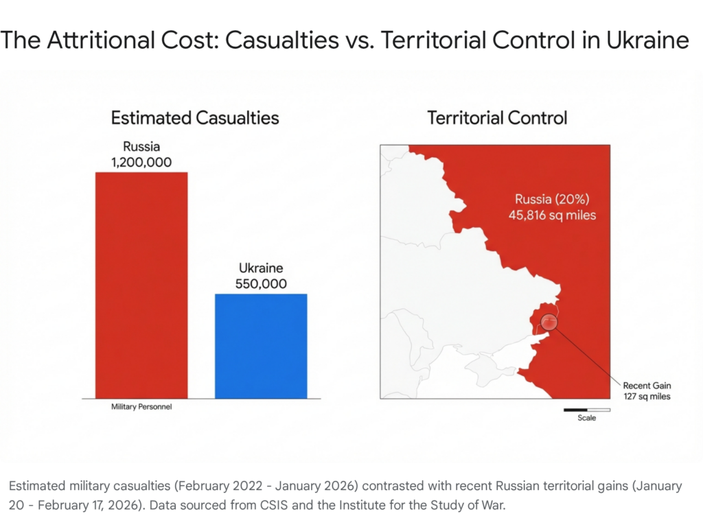 Ukraine conflict casualties vs. territorial control, February 2022-2026. Russia: 1.2M, Ukraine: 550K. Russia controls 20%.