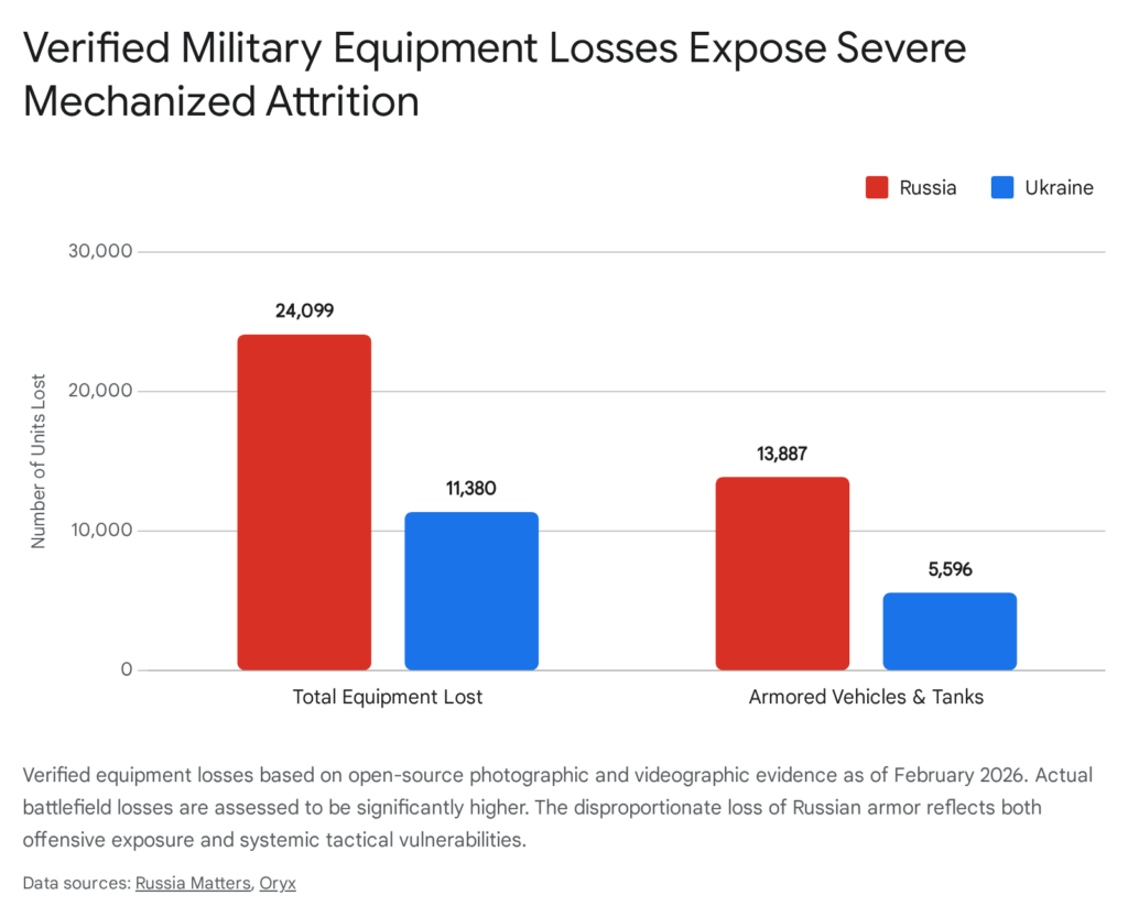 Bar graph: Russia vs Ukraine equipment losses as of Feb 2026. Russia: 24,099 total, 13,887 armored. Ukraine: 11,380 total, 5,596 armored.