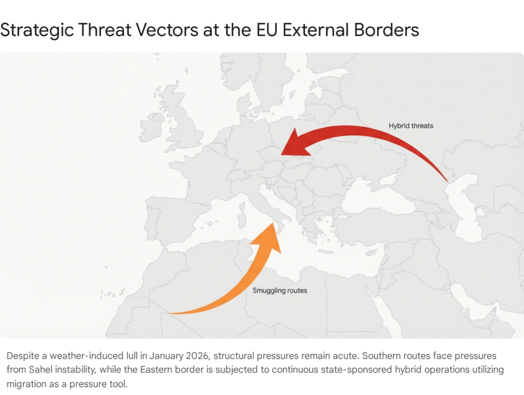 Map of EU external borders showing strategic threat vectors: smuggling routes from the south and hybrid threats from the east.