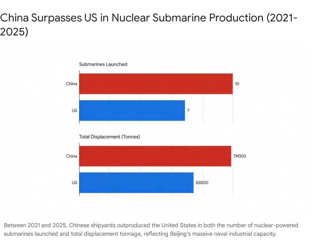 China surpasses US in nuclear submarine production: 2021-2025. Chart showing China leading in submarines launched and total displacement.