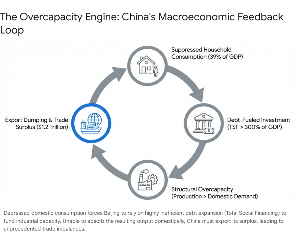 China's overcapacity engine macroeconomic feedback loop: suppressed consumption, debt-fueled investment, export dumping.