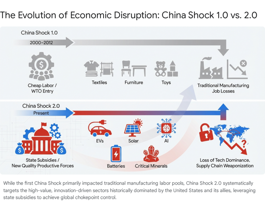 China Shock 1.0 vs 2.0: Economic disruption evolution. Cheap labor to state subsidies, tech dominance loss.